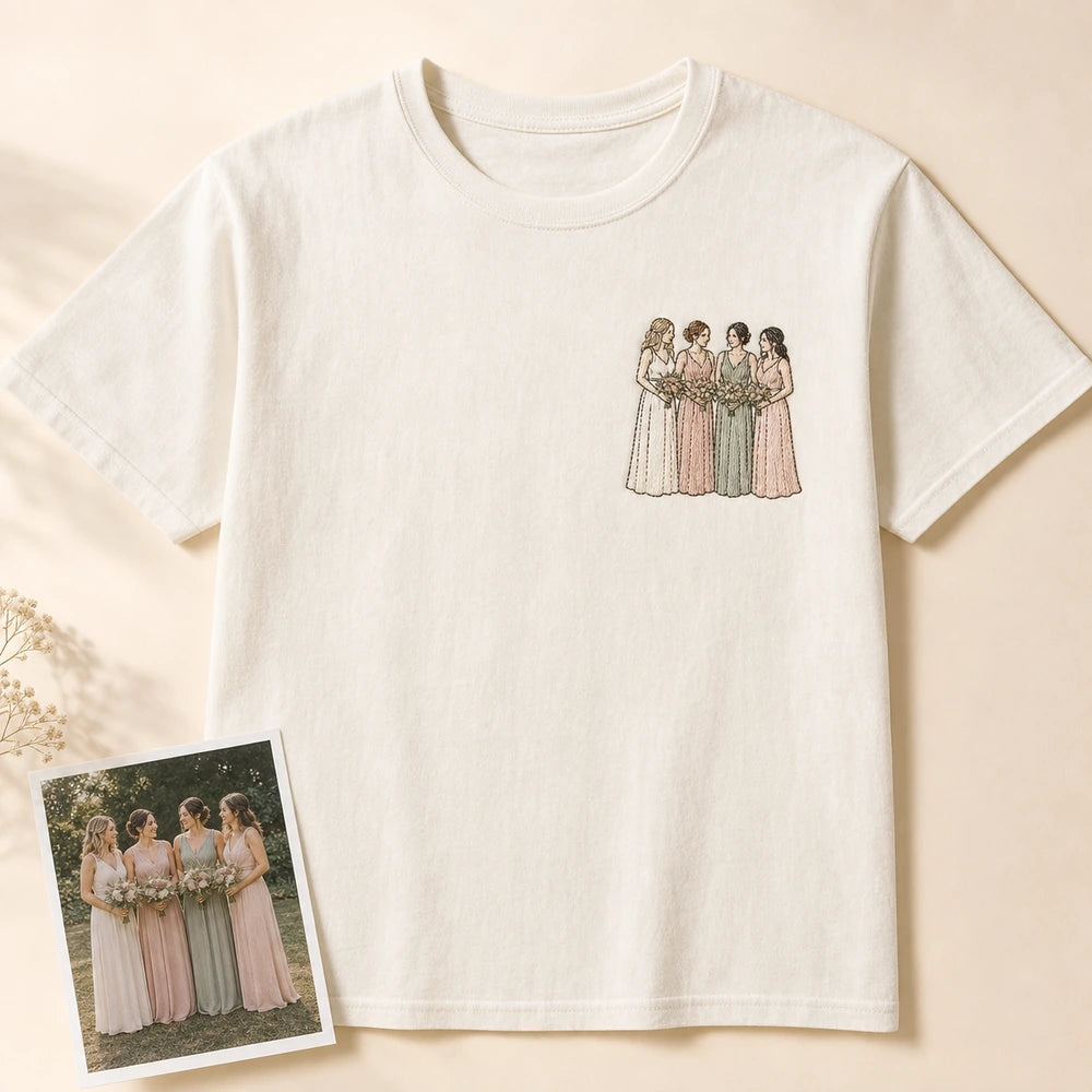 Custom Bridesmaid Wedding Party Photo Embroidered T-Shirt - Personalized Bridesmaid Gift main product image with custom left chest embroidery based on bridesmaid wedding party group photo