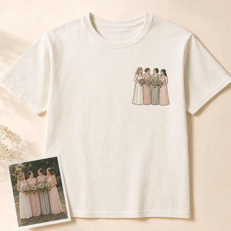 Custom Bridesmaid Wedding Party Photo Embroidered T-Shirt - Personalized Bridesmaid Gift main product image with custom left chest embroidery based on bridesmaid wedding party group photo