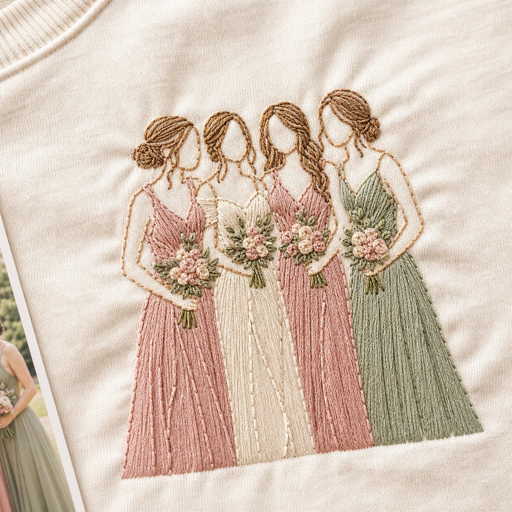 Custom Bridesmaid Wedding Party Photo Embroidered T-Shirt - Personalized Bridesmaid Gift embroidery detail image with custom left chest embroidery based on bridesmaid wedding party group photo