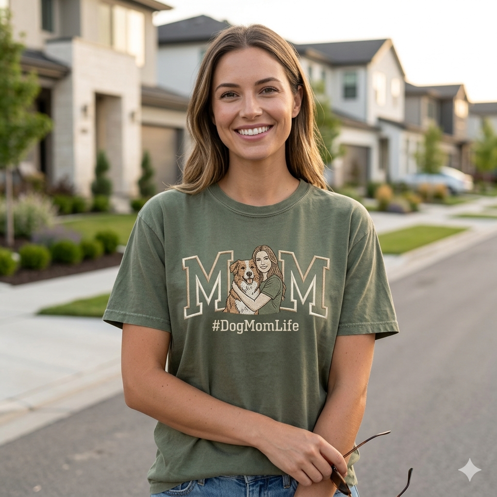 Custom Dog Mom Embroidered T-Shirt from Photo | Personalized Pet Portrait Tee-2