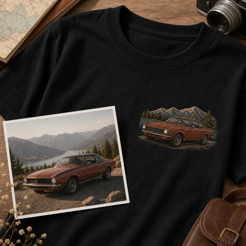 Custom road trip car embroidered sweatshirt with left chest car outline embroidery