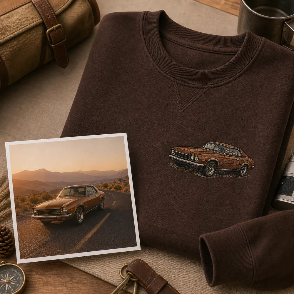 Custom road trip car embroidered sweatshirt with left chest car outline embroidery