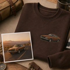 Custom road trip car embroidered sweatshirt with left chest car outline embroidery