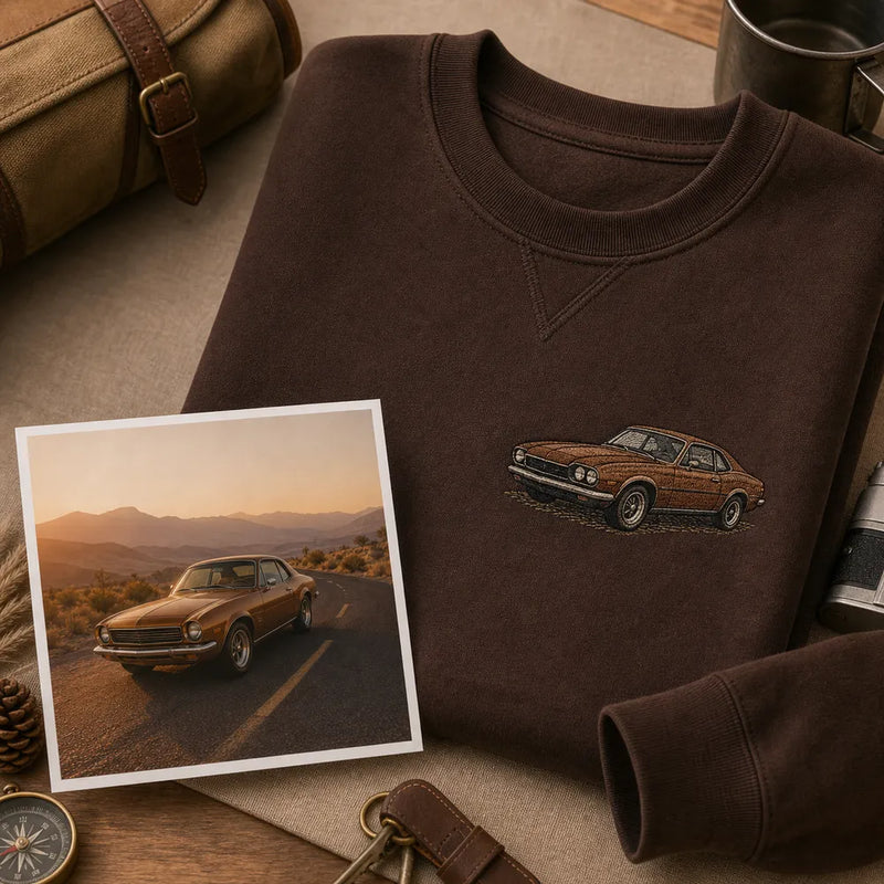 Custom road trip car embroidered sweatshirt with left chest car outline embroidery