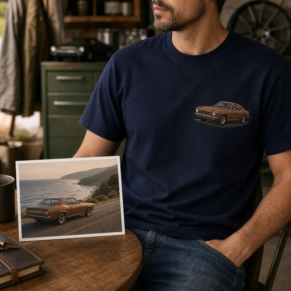 Custom road trip car embroidered sweatshirt with left chest car outline embroidery