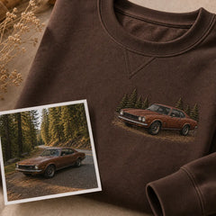 Custom road trip car embroidered sweatshirt with left chest car outline embroidery