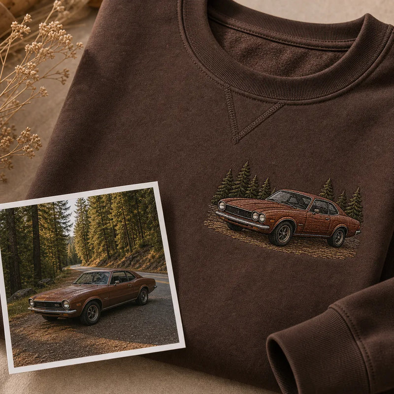 Custom road trip car embroidered sweatshirt with left chest car outline embroidery