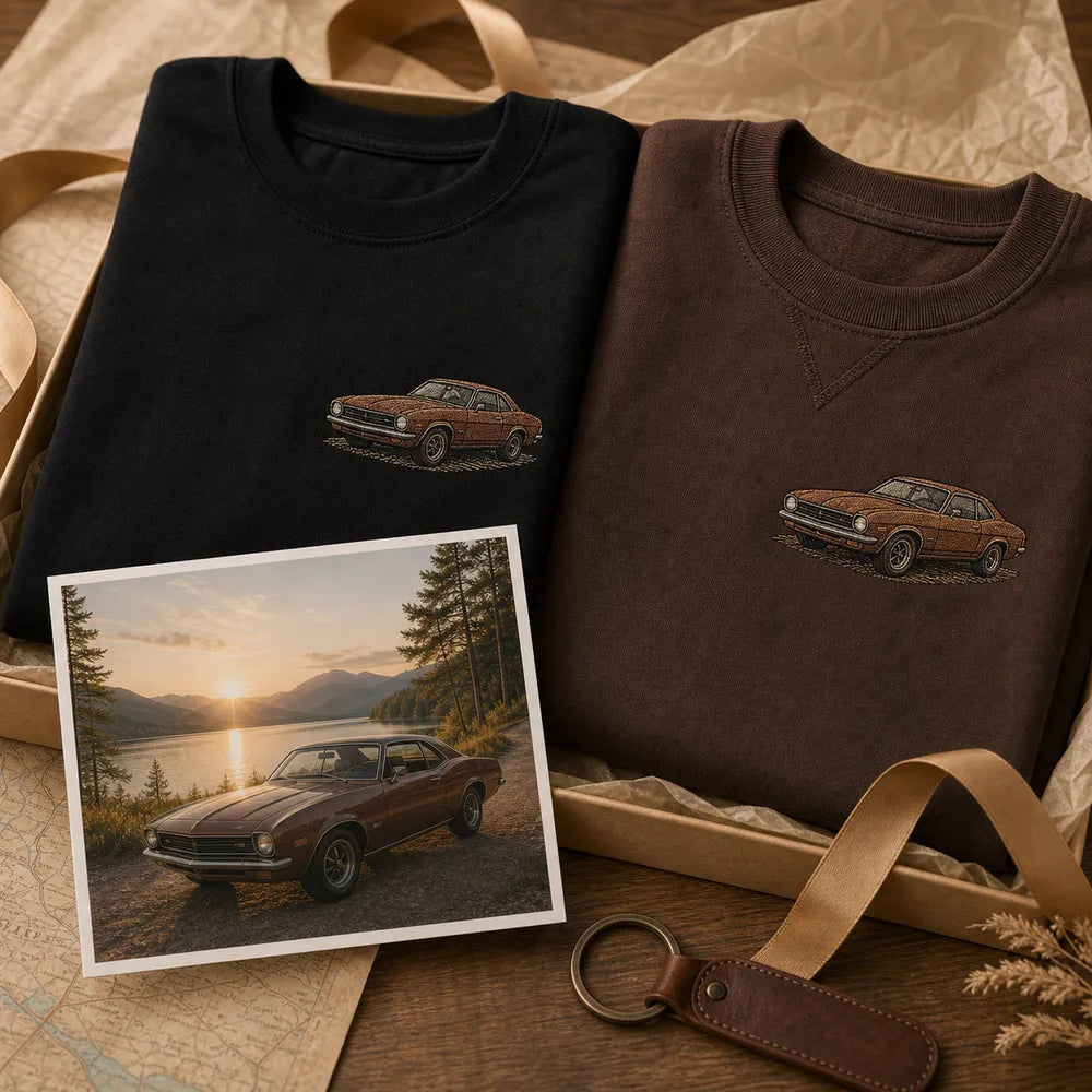 Custom road trip car embroidered sweatshirt with left chest car outline embroidery