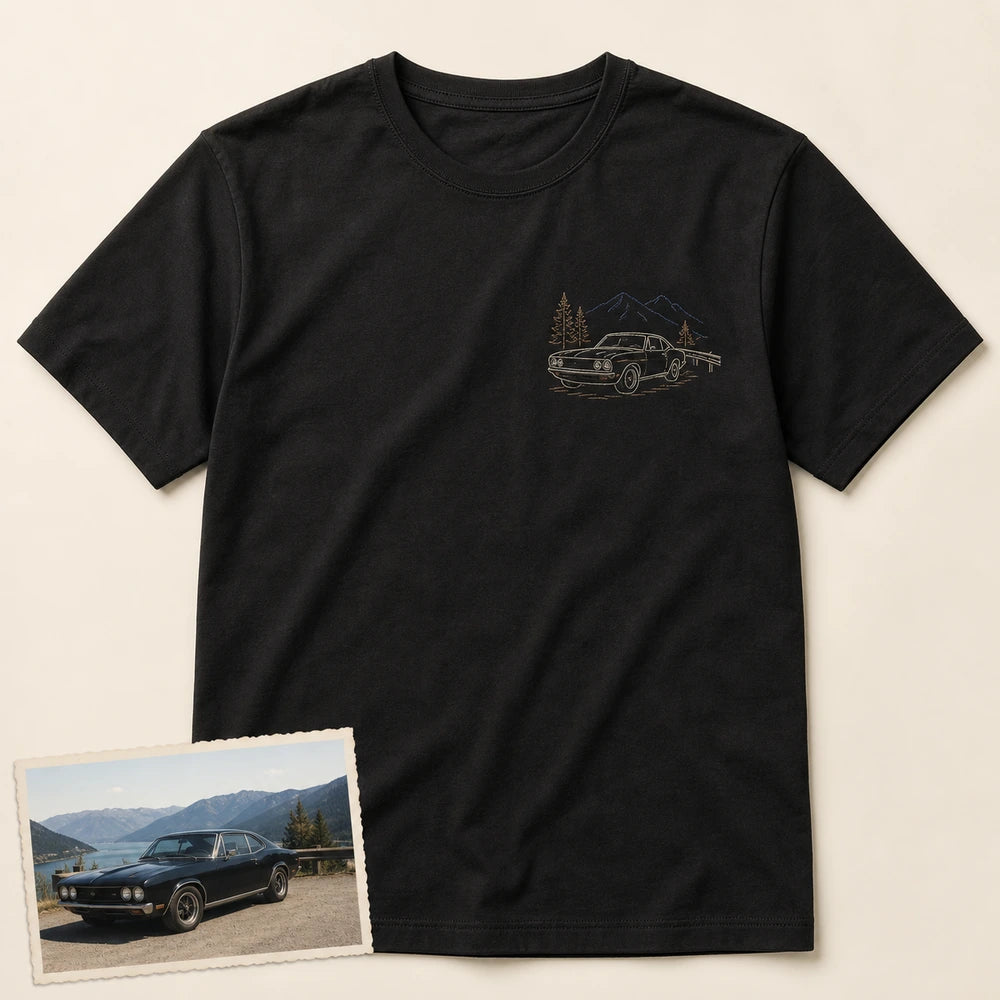 Custom road trip car outline embroidery T-shirt main product view