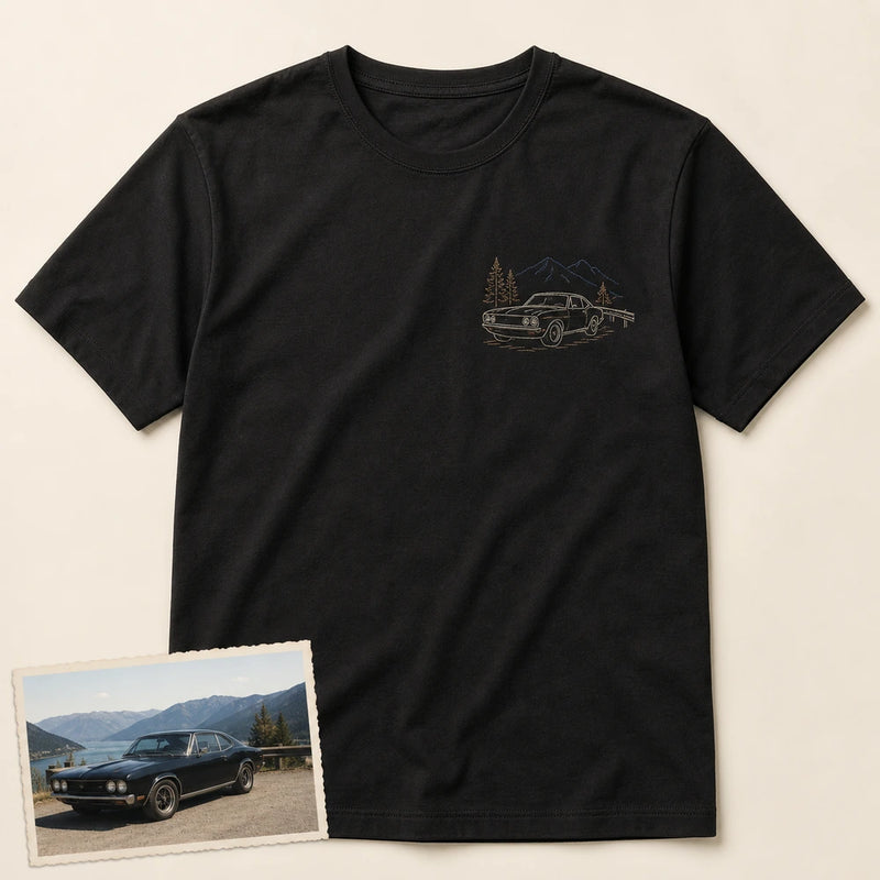 Custom road trip car outline embroidery T-shirt main product view