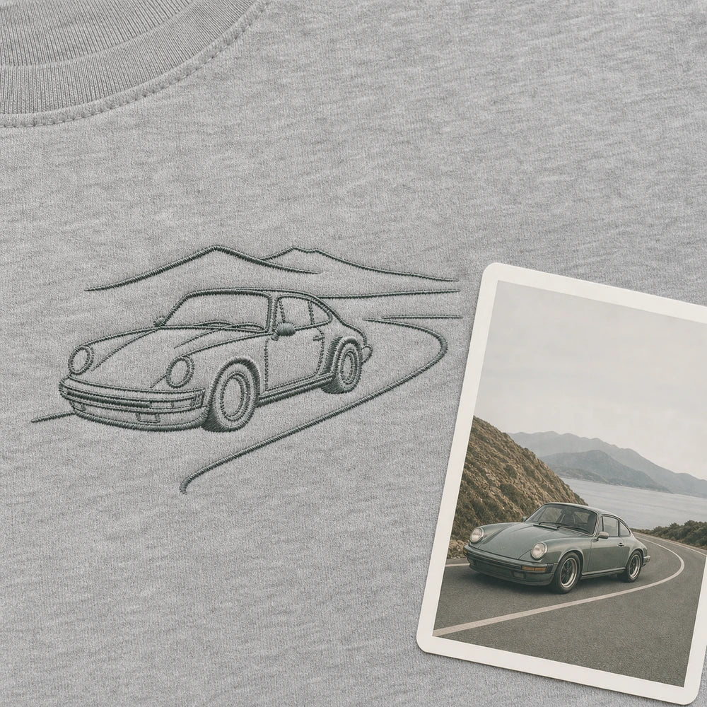 Custom road trip car outline embroidery detail