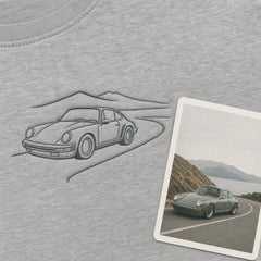 Custom road trip car outline embroidery detail