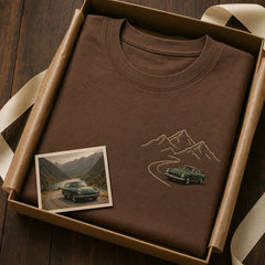 Custom road trip car embroidered T-shirt gift-ready presentation