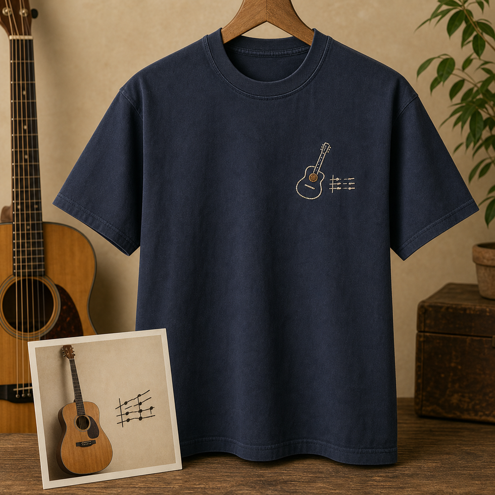 Custom Guitar Chord Handwriting Embroidered T-Shirt - Personalized Music Gift main product image with custom left chest embroidery