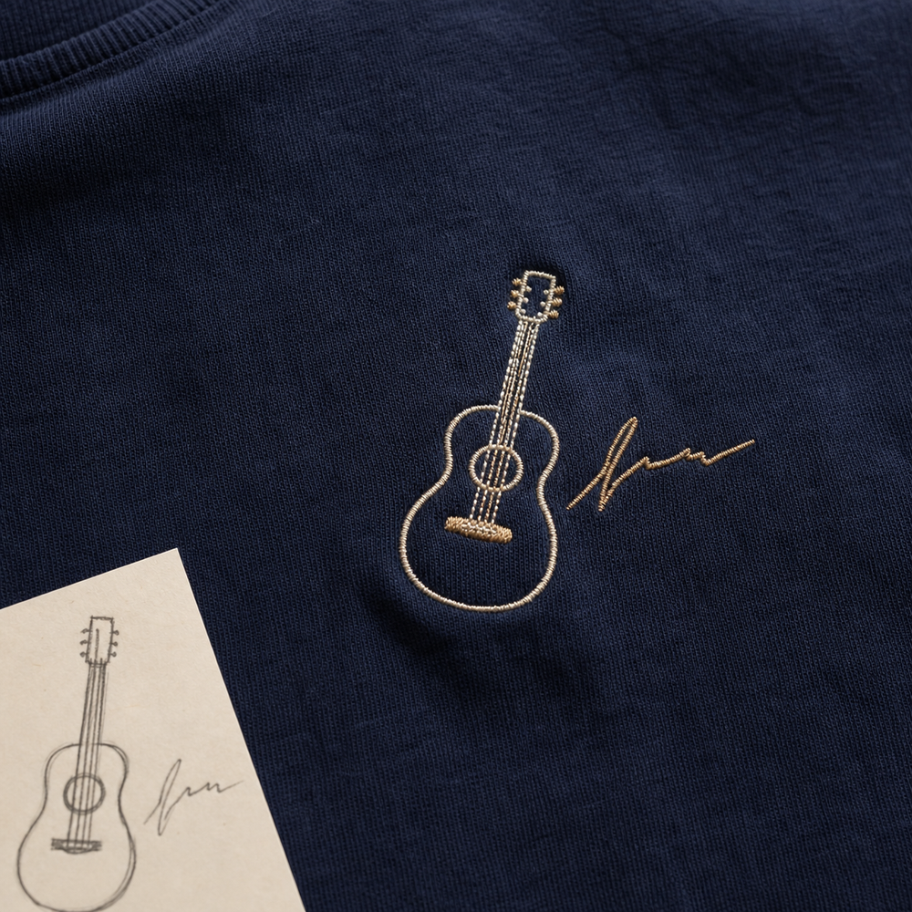 Custom Guitar Chord Handwriting Embroidered T-Shirt - Personalized Music Gift embroidery detail image with custom left chest embroidery