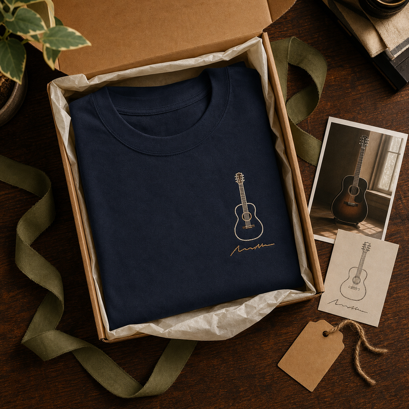 Custom Guitar Chord Handwriting Embroidered T-Shirt - Personalized Music Gift gift display image with custom left chest embroidery