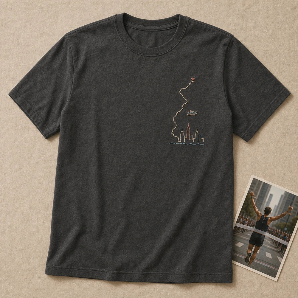 Custom First Marathon Route Special Date Embroidered T-Shirt - Personalized Marathon Runner Gift main product image with custom left chest embroidery based on race route map line and finish-line photo