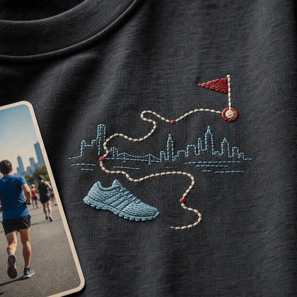 Custom First Marathon Route Special Date Embroidered T-Shirt - Personalized Marathon Runner Gift embroidery detail image with custom left chest embroidery based on race route map line and finish-line photo