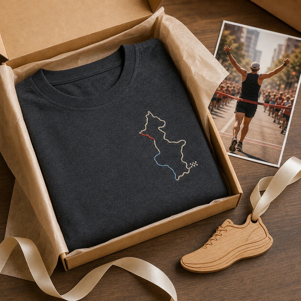 Custom First Marathon Route Special Date Embroidered T-Shirt - Personalized Marathon Runner Gift gift display image with custom left chest embroidery based on race route map line and finish-line photo