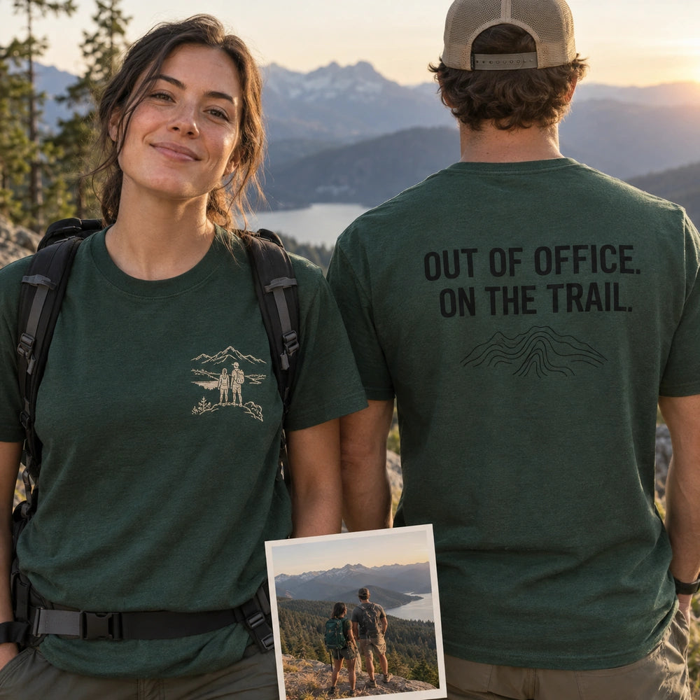 Custom Trail Adventure Photo Embroidered T-Shirt front and back product overview with custom left chest embroidery and back print