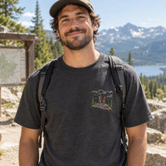 Custom Trail Adventure Photo Embroidered T-Shirt front worn view with left chest embroidery