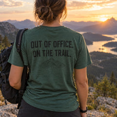 Custom Trail Adventure Photo Embroidered T-Shirt back worn view with custom printed phrase