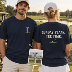 Custom Golf Swing Photo Embroidered T-Shirt front and back product overview with custom left chest embroidery and back print