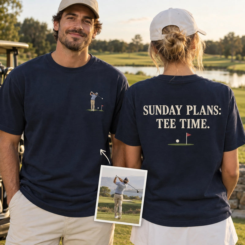 Custom Golf Swing Photo Embroidered T-Shirt front and back product overview with custom left chest embroidery and back print