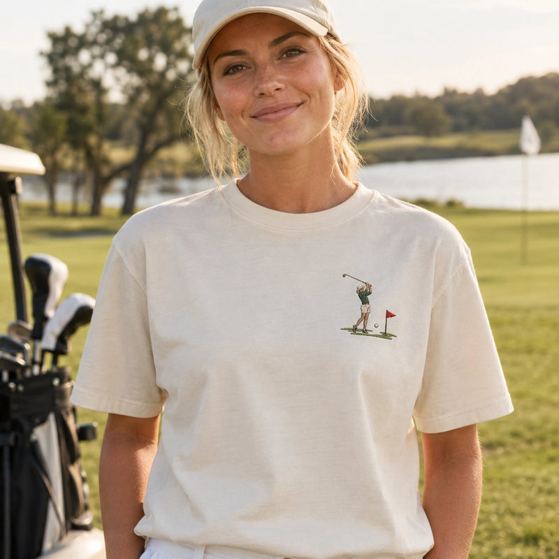 Custom Golf Swing Photo Embroidered T-Shirt front worn view with left chest embroidery