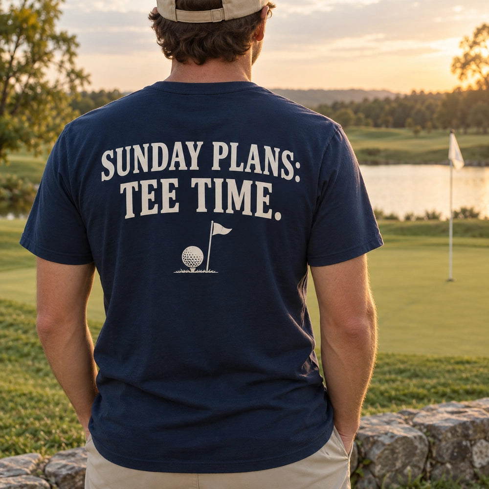 Custom Golf Swing Photo Embroidered T-Shirt back worn view with custom printed phrase