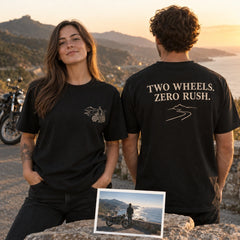 Custom Motorcycle Ride Photo Embroidered T-Shirt front and back product overview with custom left chest embroidery and back print