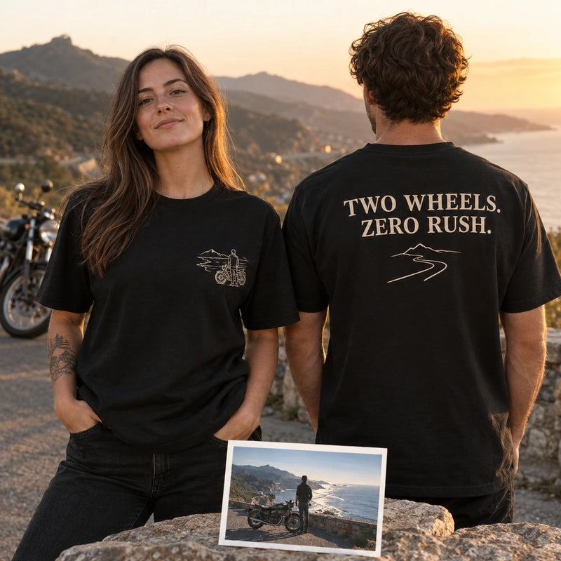 Custom Motorcycle Ride Photo Embroidered T-Shirt front and back product overview with custom left chest embroidery and back print