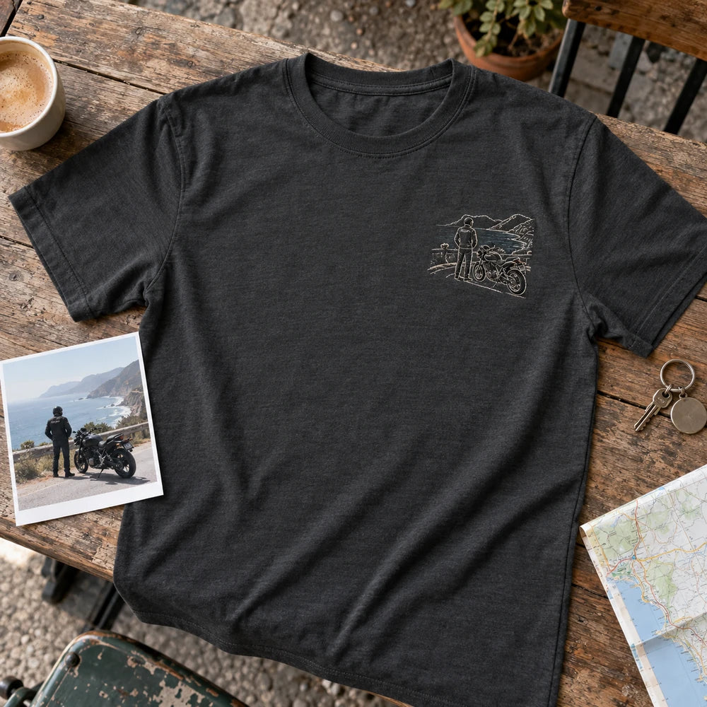 Custom Motorcycle Ride Photo Embroidered T-Shirt source motorcycle photo and front embroidery