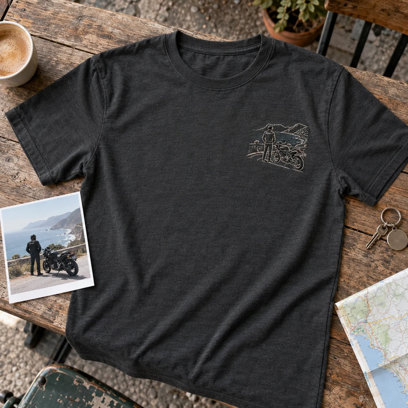 Custom Motorcycle Ride Photo Embroidered T-Shirt source motorcycle photo and front embroidery