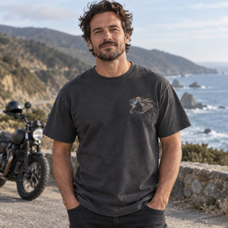 Custom Motorcycle Ride Photo Embroidered T-Shirt front worn view with left chest embroidery