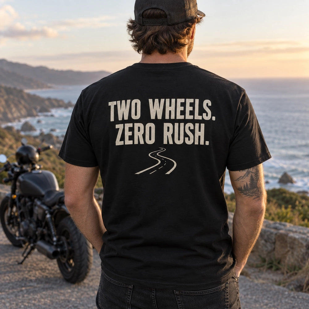 Custom Motorcycle Ride Photo Embroidered T-Shirt back worn view with custom printed phrase