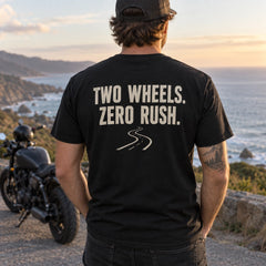 Custom Motorcycle Ride Photo Embroidered T-Shirt back worn view with custom printed phrase