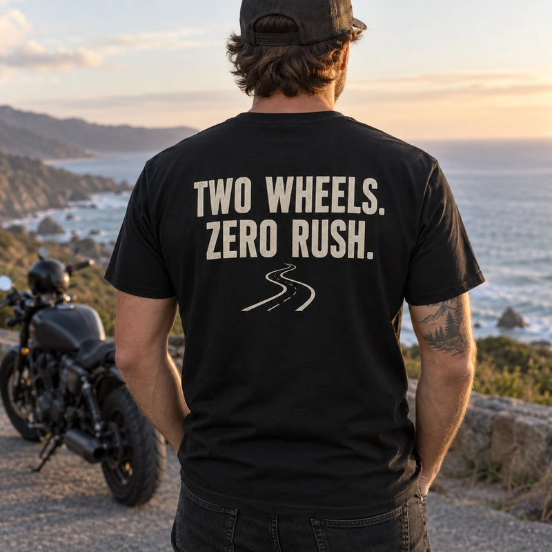 Custom Motorcycle Ride Photo Embroidered T-Shirt back worn view with custom printed phrase