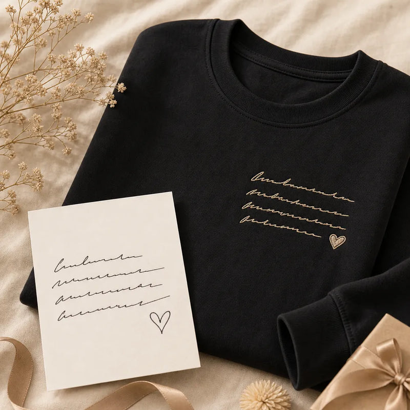 Custom memorial handwriting embroidered hoodie with stitched handwriting detail