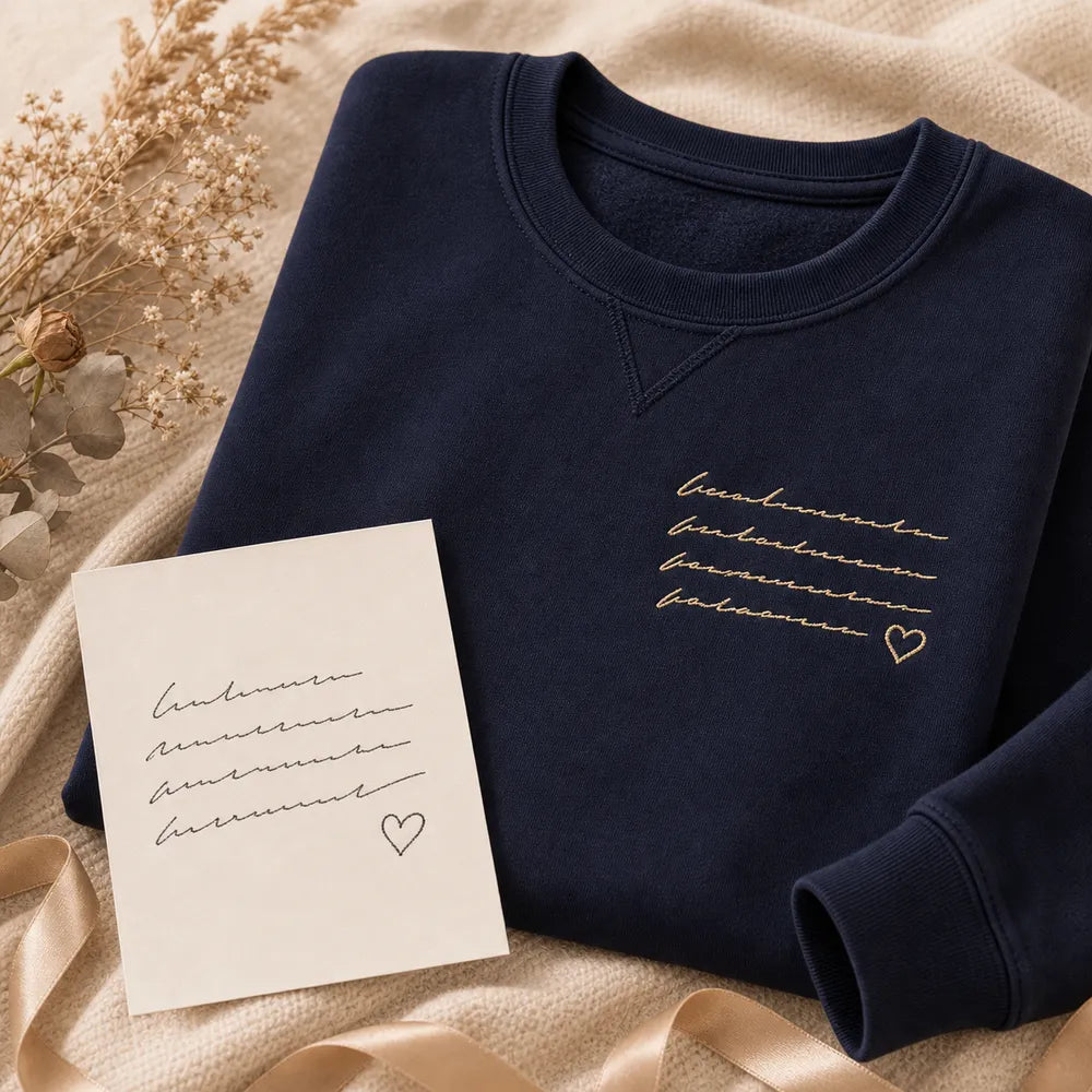 Custom memorial handwriting embroidered hoodie with stitched handwriting detail