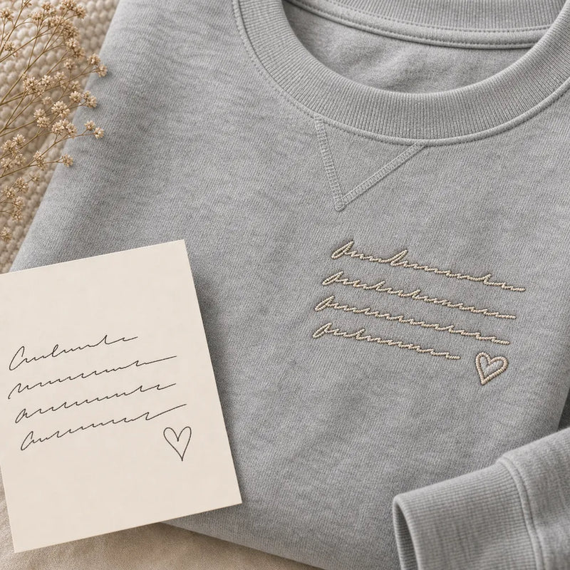 Custom memorial handwriting embroidered hoodie with stitched handwriting detail