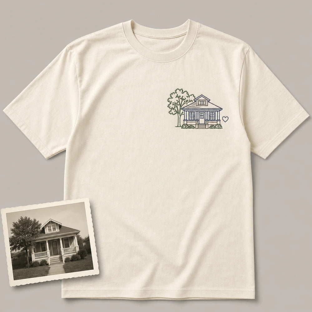 Custom childhood home photo outline embroidered T-shirt main product view