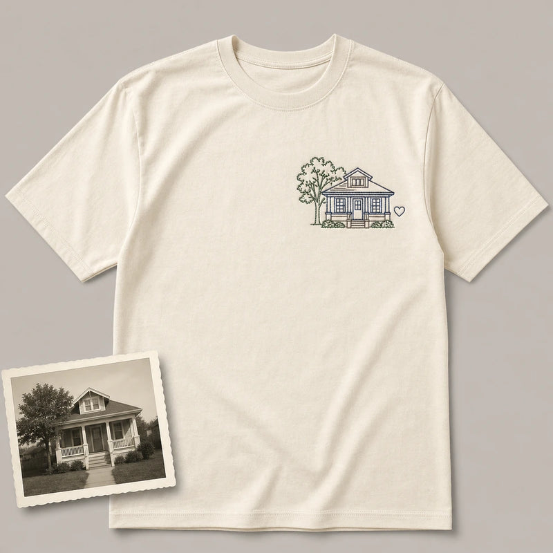 Custom childhood home photo outline embroidered T-shirt main product view