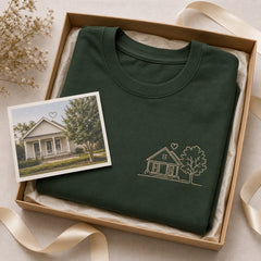 Custom childhood home embroidered T-shirt gift-ready presentation
