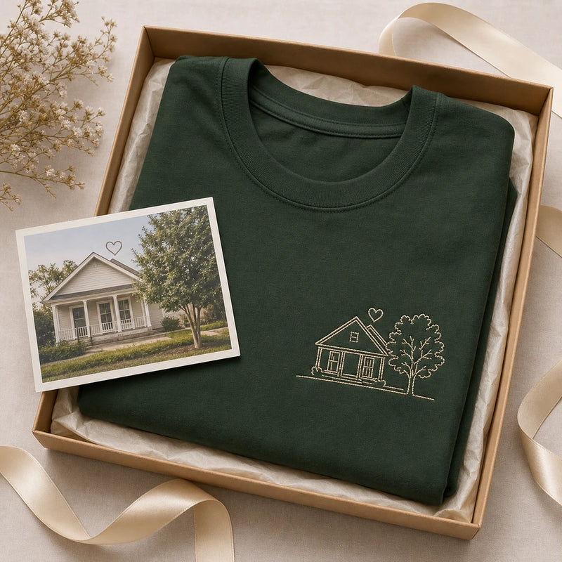 Custom childhood home embroidered T-shirt gift-ready presentation