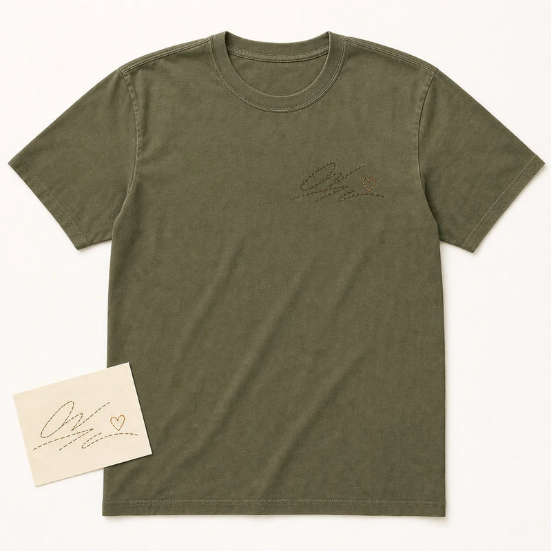 Custom Grandpa Handwriting Embroidered T-Shirt - Personalized Family Keepsake main product image with custom left chest embroidery based on short handwritten note from Grandpa