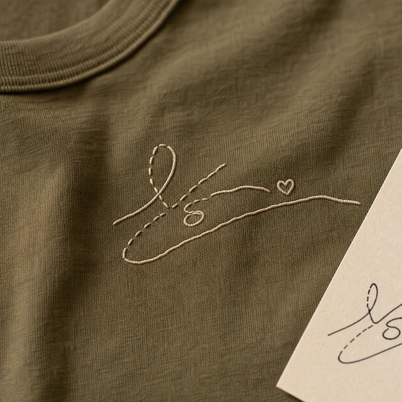 Custom Grandpa Handwriting Embroidered T-Shirt - Personalized Family Keepsake embroidery detail image with custom left chest embroidery based on short handwritten note from Grandpa