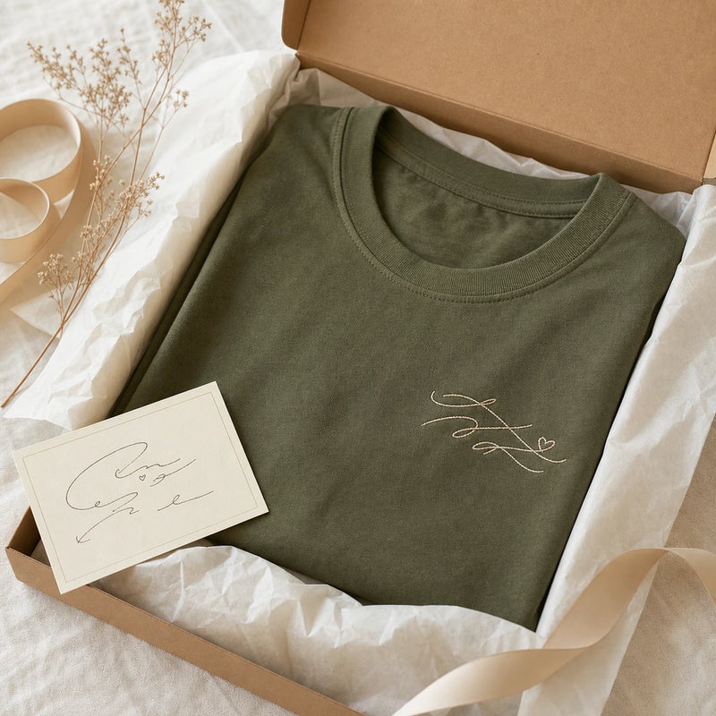 Custom Grandpa Handwriting Embroidered T-Shirt - Personalized Family Keepsake gift display image with custom left chest embroidery based on short handwritten note from Grandpa