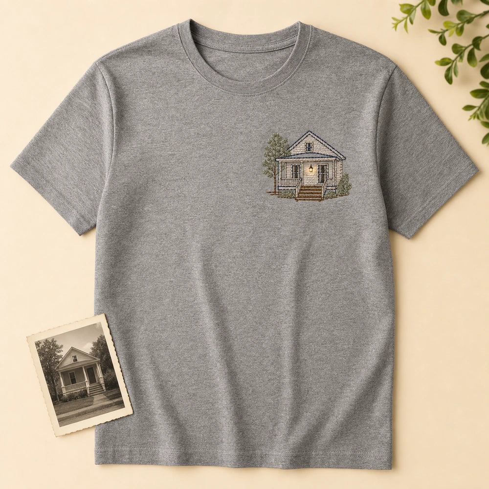 Custom Childhood Home Photo Embroidered T-Shirt - Personalized Family Memory Gift main product image with custom left chest embroidery based on childhood home front porch photo