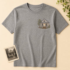 Custom Childhood Home Photo Embroidered T-Shirt - Personalized Family Memory Gift main product image with custom left chest embroidery based on childhood home front porch photo